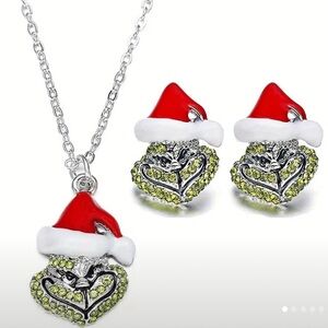 3pcs The Grinch Jewelry Set, Sterling Silver Chain: & Grinch Hat Earrings, NEW